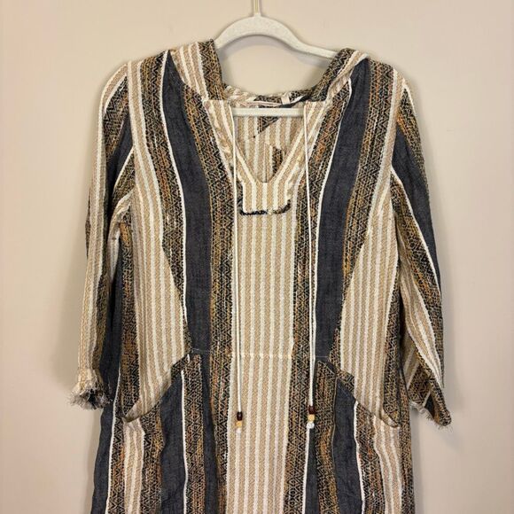 Soft Surrondings Brown & White Striped Hooded 3/4 Length Sleeve Pullover Top Sma - Picture 3 of 8
